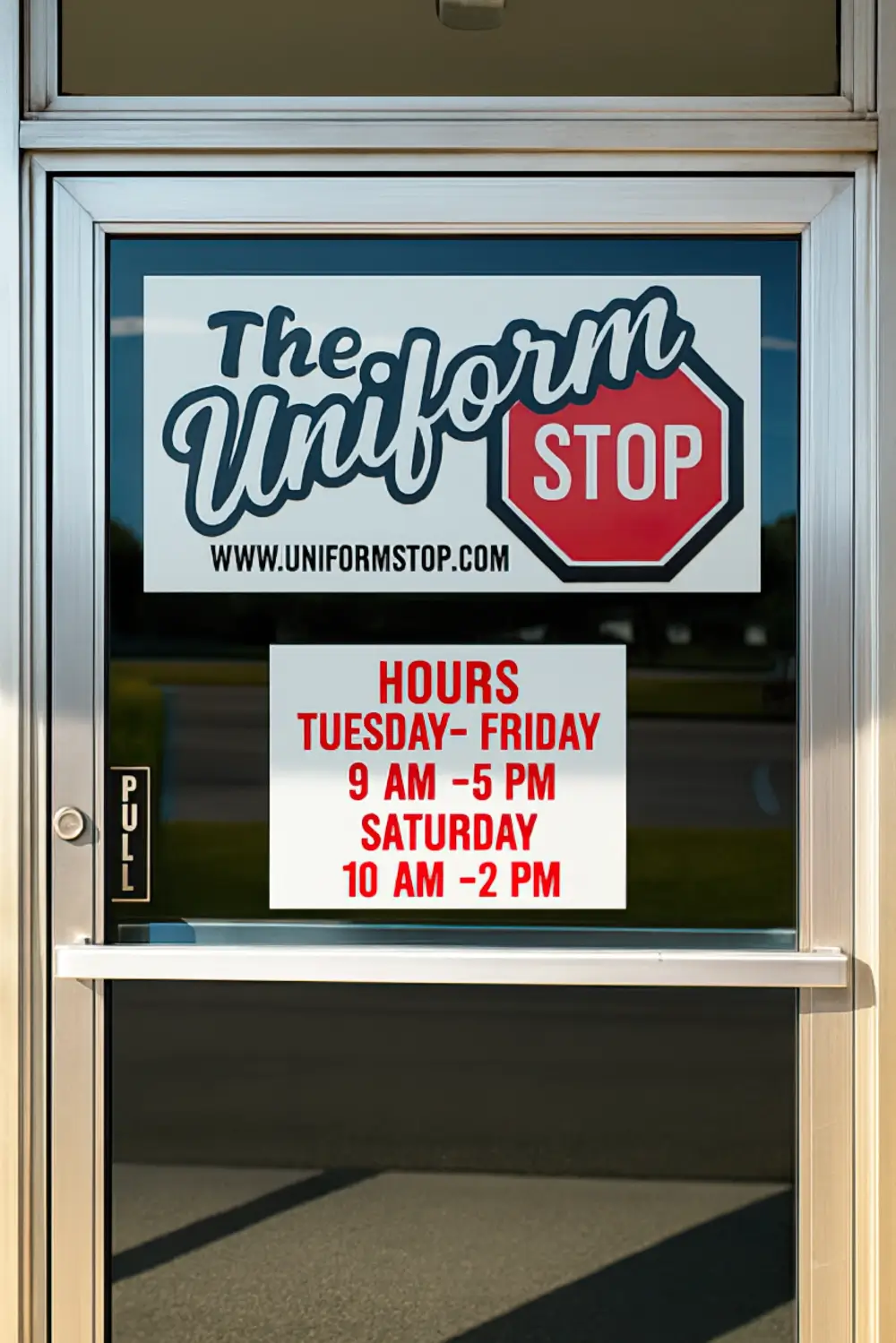 A glass door displays The Uniform Stop logo and website. A sign below lists hours: Tuesday-Friday 9 AM–5 PM, Saturday 10 AM–2 PM. A vertical PULL sign is on the door frame. -The Uniform Stop