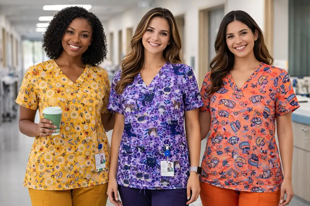Three women wearing colorful, patterned scrubs stand side by side in a hallway. They are smiling; one holds a coffee cup, and each has an ID badge clipped to their outfit. The background appears to be a medical facility. -The Uniform Stop