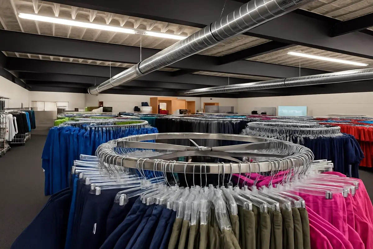 Clothing store interior with circular racks displaying various colored shirts and pants on hangers. Exposed ceiling with metal ducts and fluorescent lighting. Wooden counters and fitting rooms are visible in the background. -The Uniform Stop